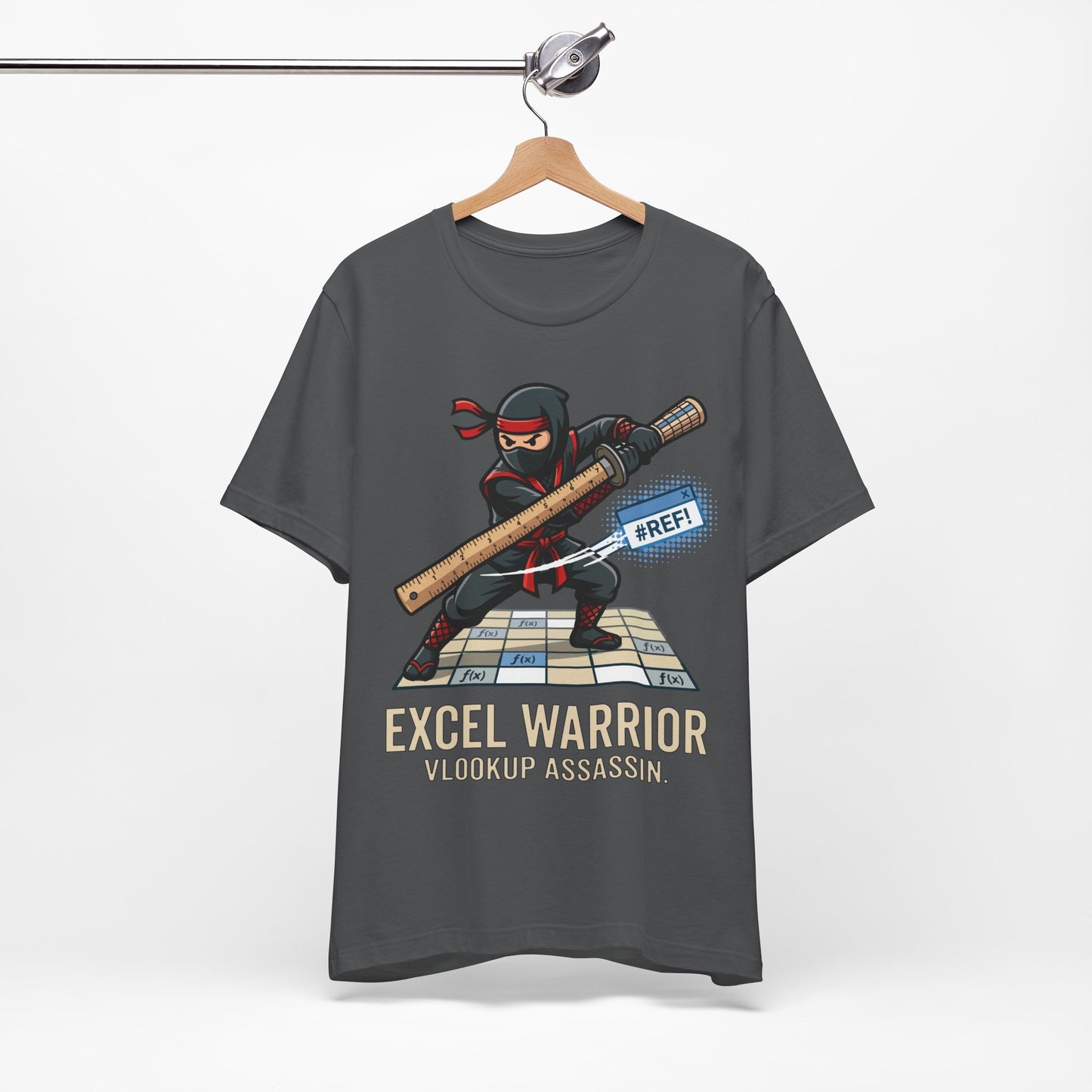 Navy Bella+Canvas 3001 unisex tee with Excel Warrior VLOOKUP Assassin ninja graphic detail view