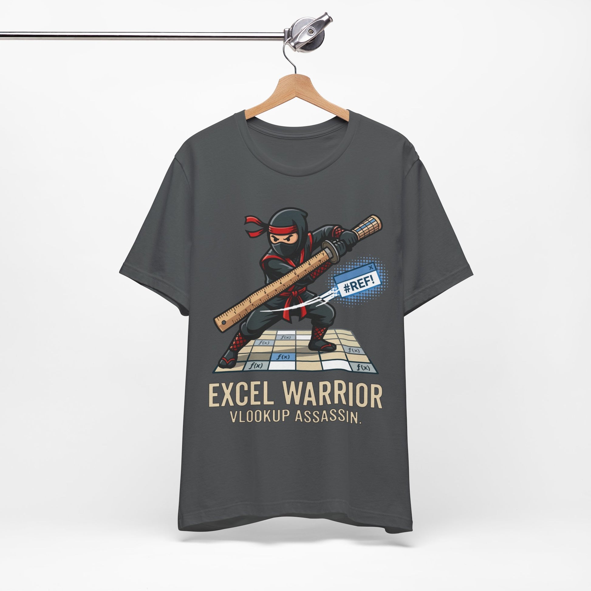 Navy Bella+Canvas 3001 unisex tee with Excel Warrior VLOOKUP Assassin ninja graphic detail view