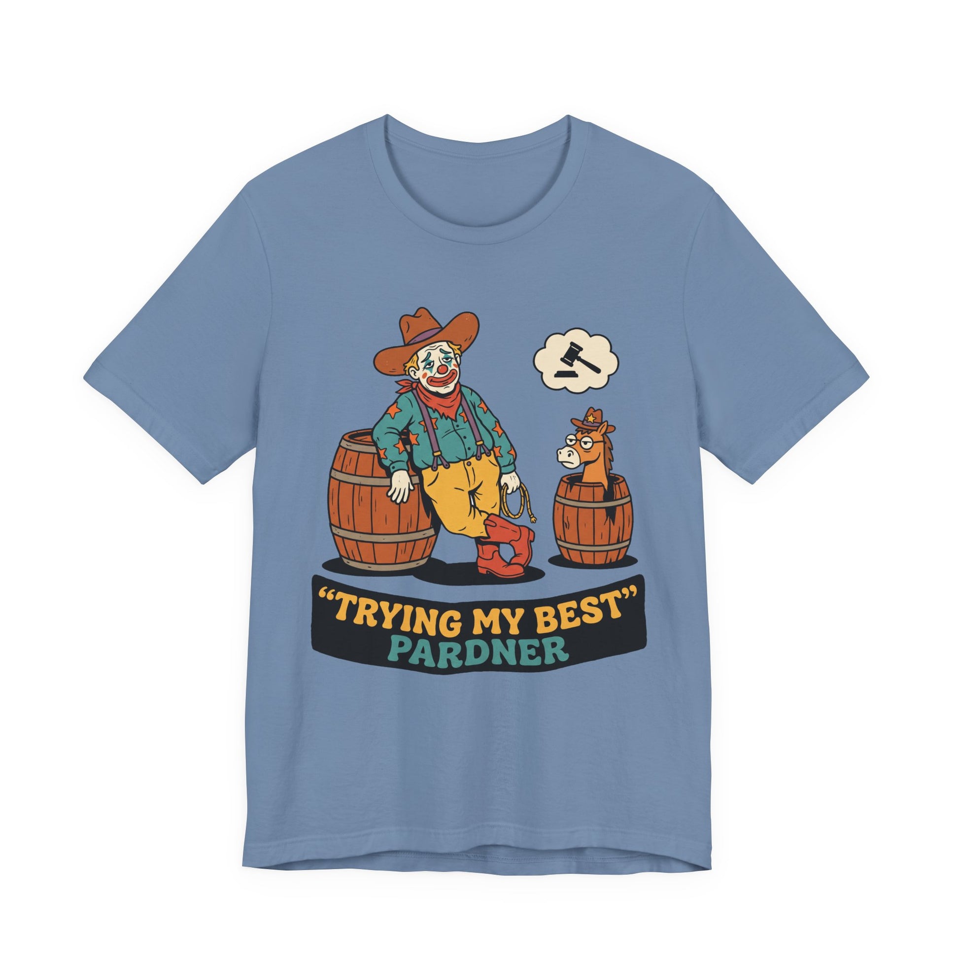 Asphalt Bella+Canvas 3001 unisex tee with Trying My Best Pardner graphic, on hanger