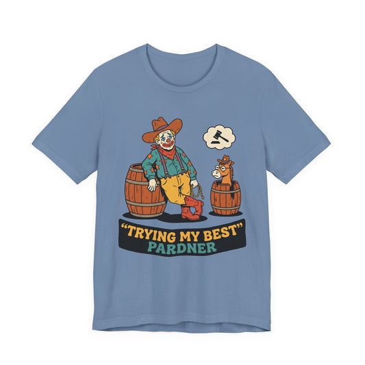 Asphalt Bella+Canvas 3001 unisex tee with Trying My Best Pardner graphic, on hanger