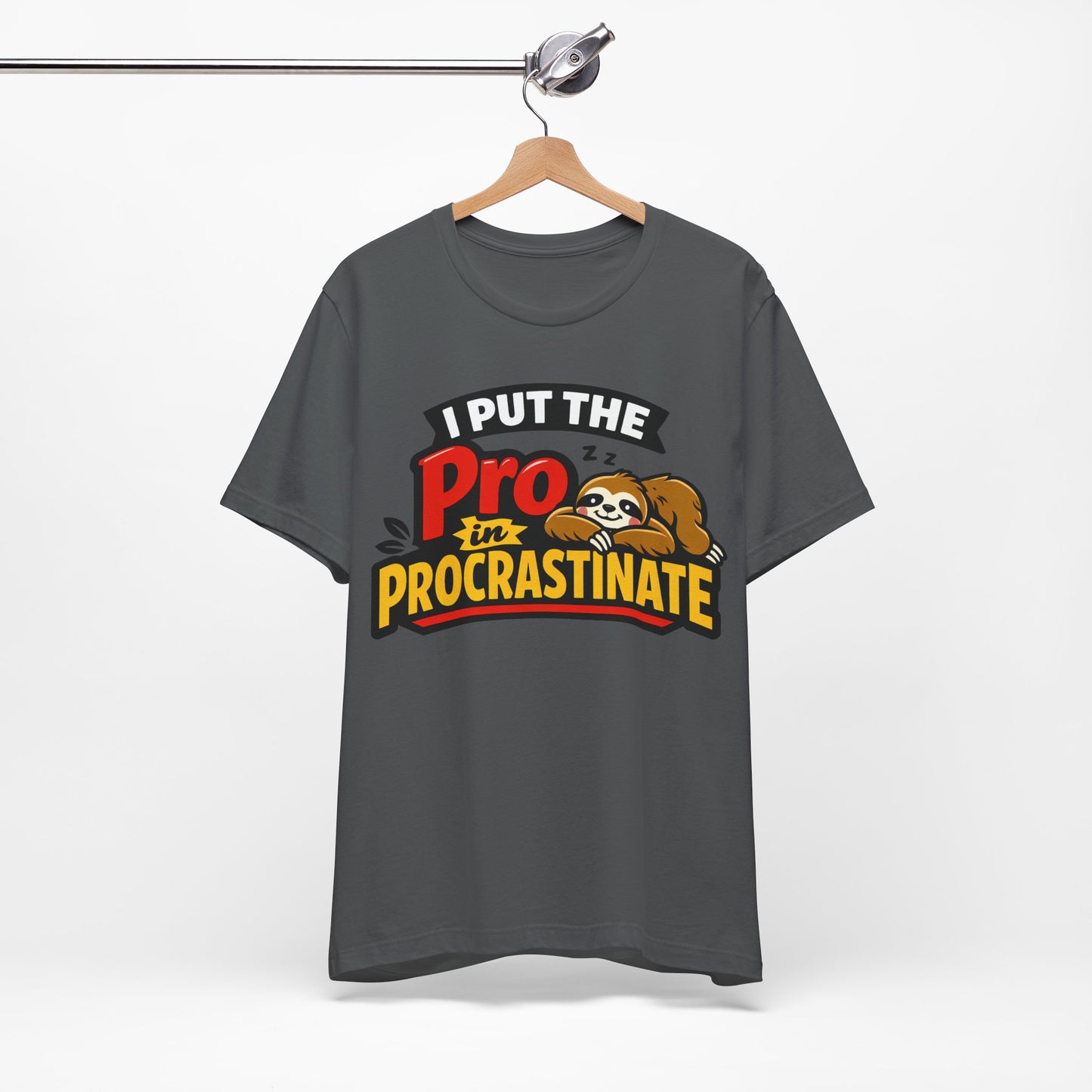 Steel Blue Bella+Canvas 3001 unisex tee with I Put the Pro in Procrastinate sloth graphic, detail view