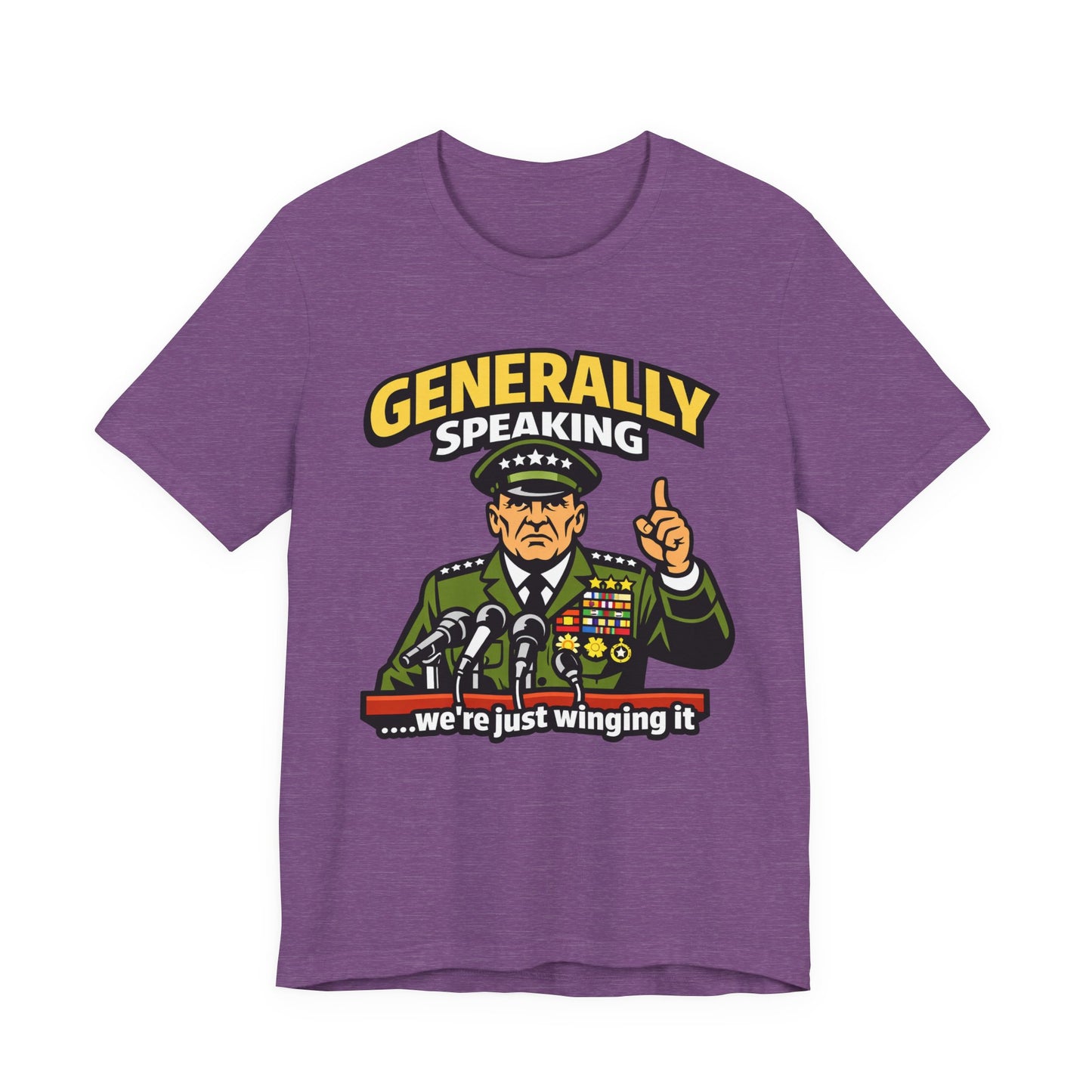 Red Bella+Canvas 3001 unisex tee with Generally Speaking We're Just Winging It graphic, flat lay