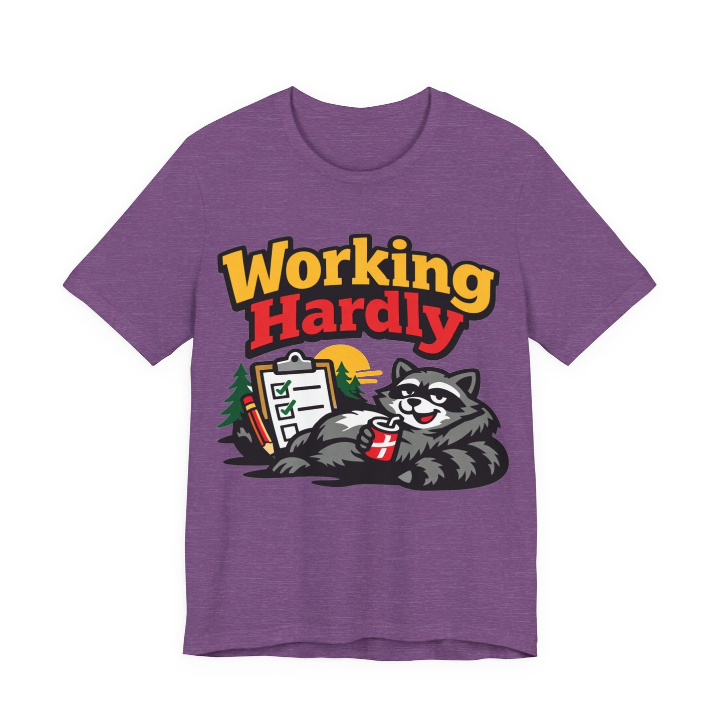 Red Bella+Canvas 3001 unisex tee with Working Hardly raccoon graphic, flat lay
