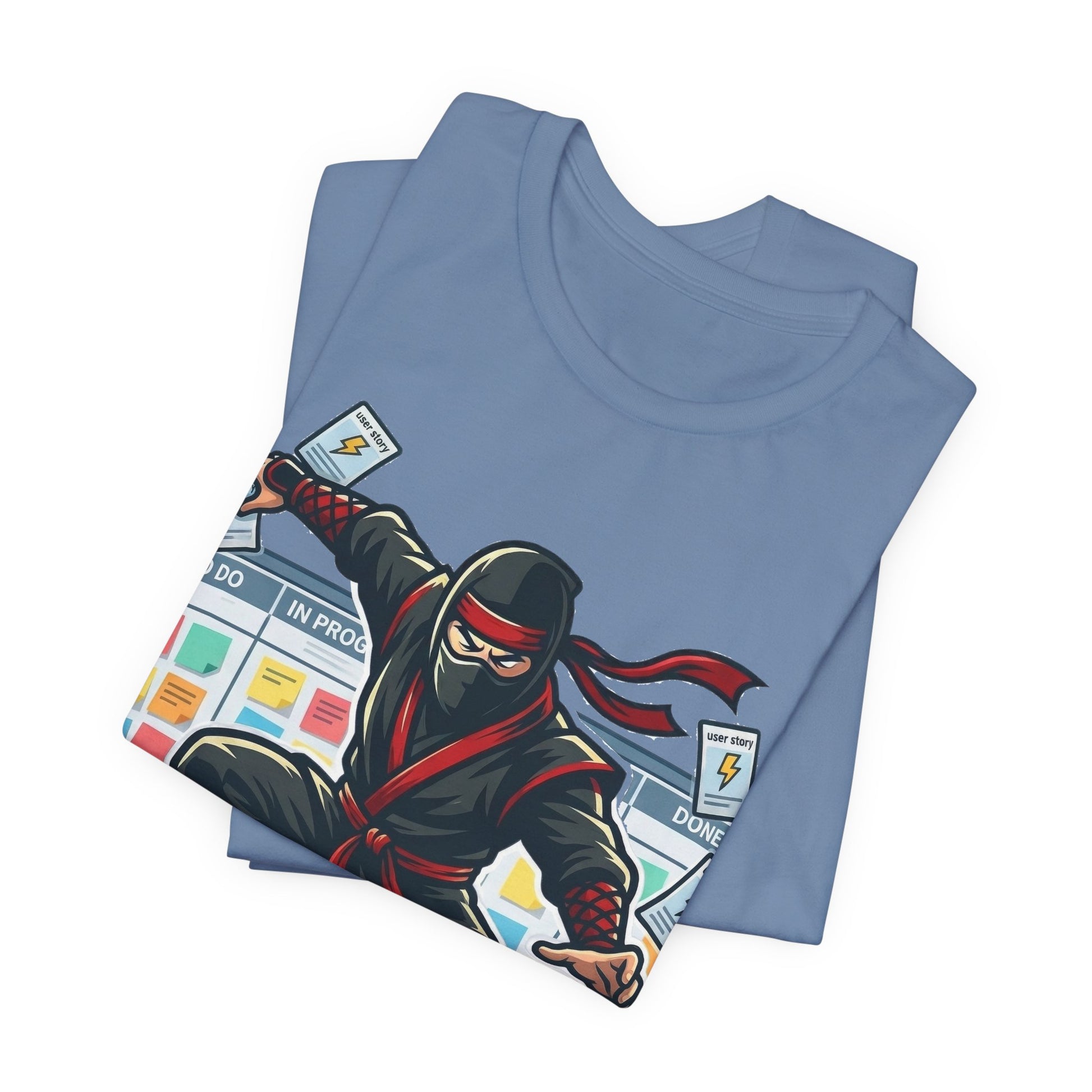 Heather Team Purple Bella+Canvas 3001 unisex tee with Certified Agile Specialist ninja kanban design, flat lay