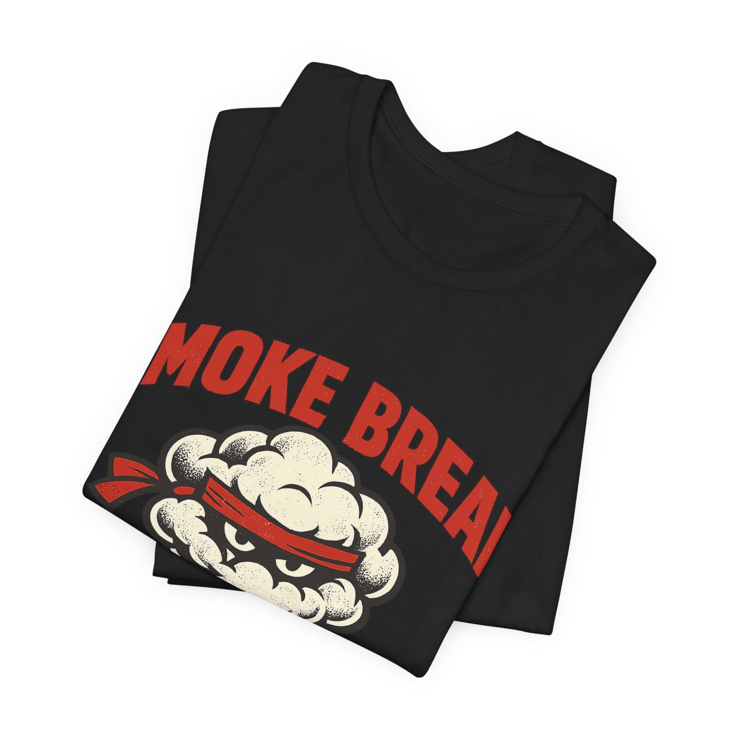 Black Bella+Canvas 3001 unisex tee with Smoke Break Ask Again Later ninja coffee cup graphic, on hanger