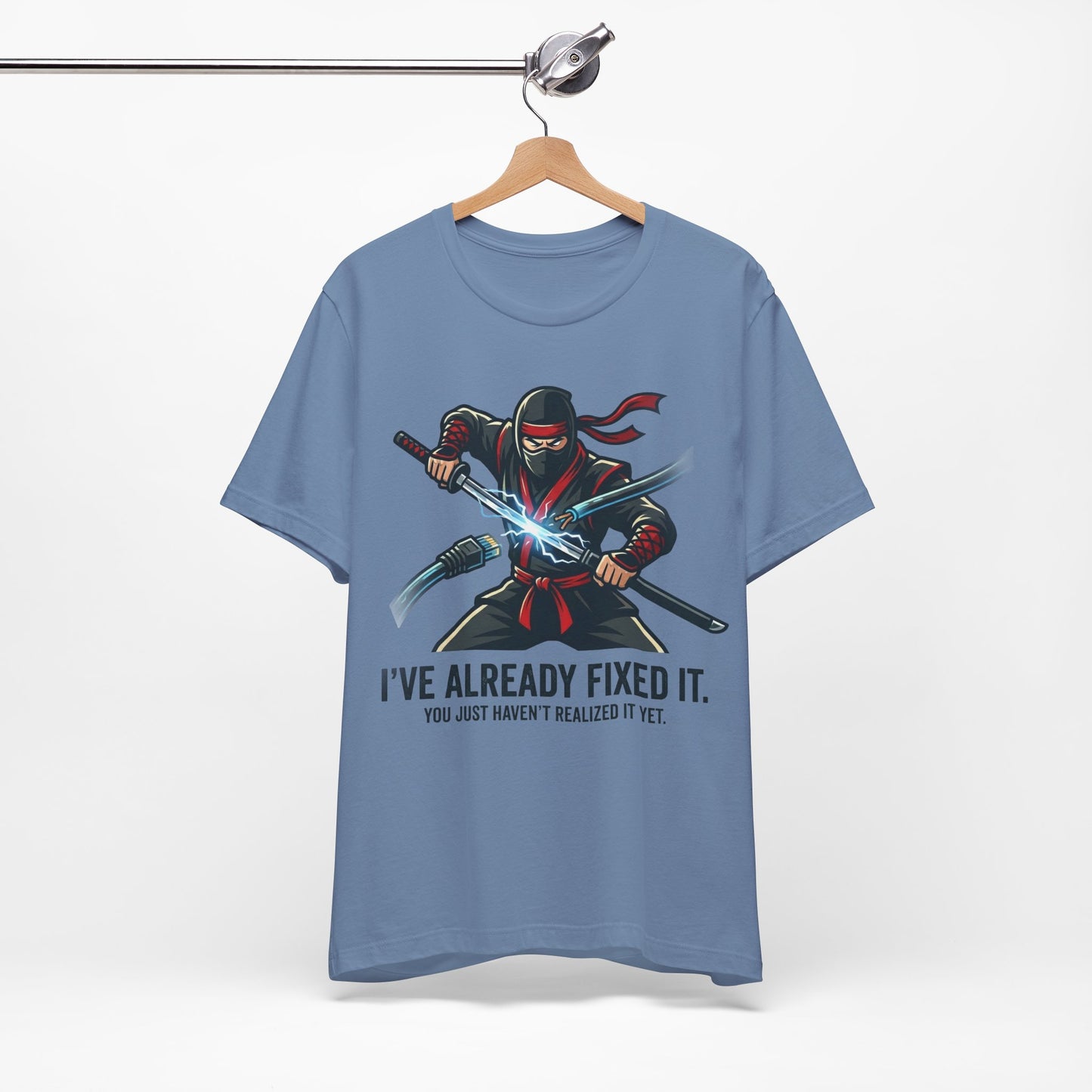 Heather Red Bella+Canvas 3001 unisex tee with I've Already Fixed It You Just Haven't Realized It Yet ninja design, flat lay