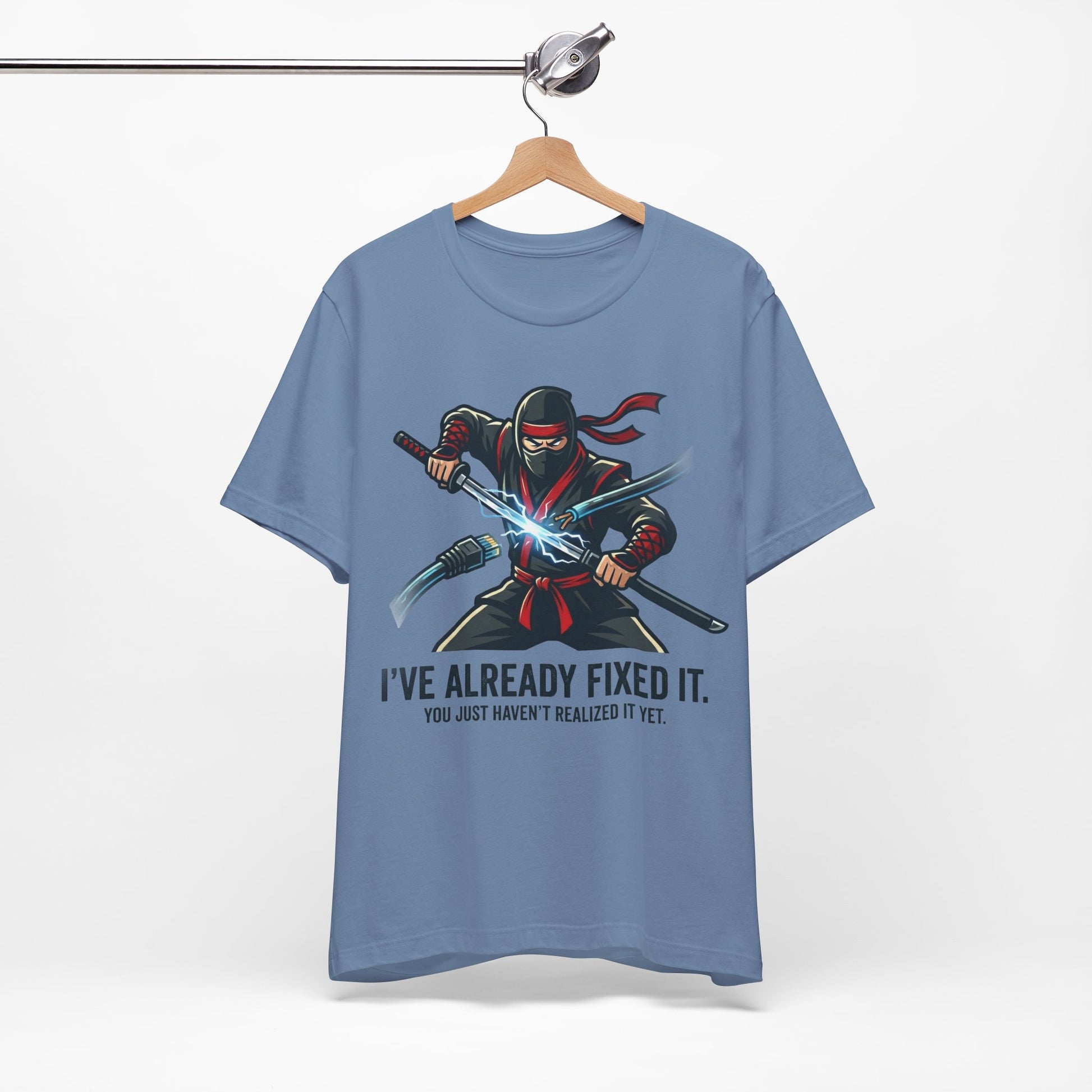 Heather Red Bella+Canvas 3001 unisex tee with I've Already Fixed It You Just Haven't Realized It Yet ninja design, flat lay