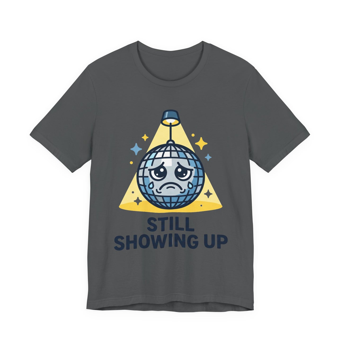Red Bella+Canvas 3001 unisex tee with Still Showing Up graphic, on hanger
