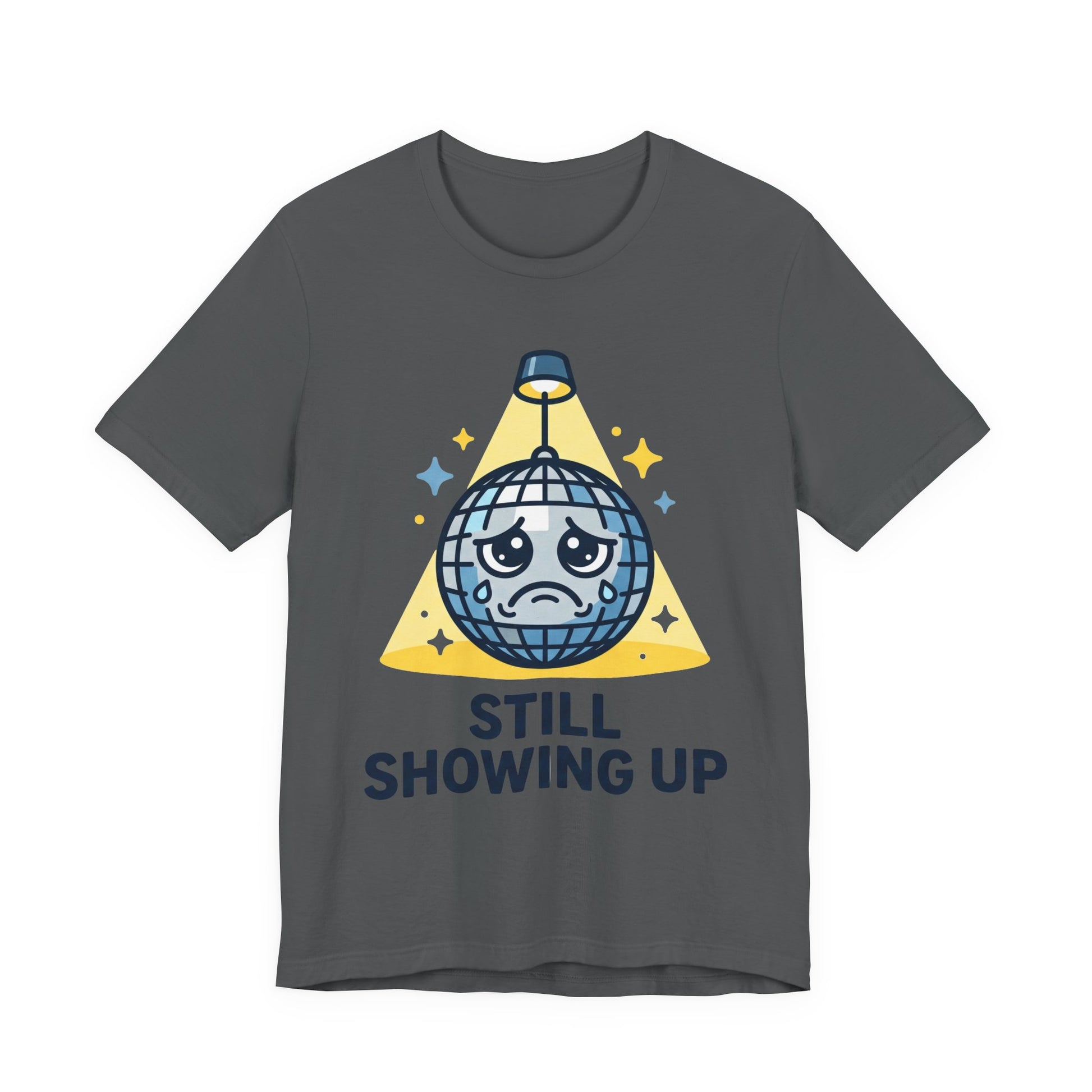 Red Bella+Canvas 3001 unisex tee with Still Showing Up graphic, on hanger