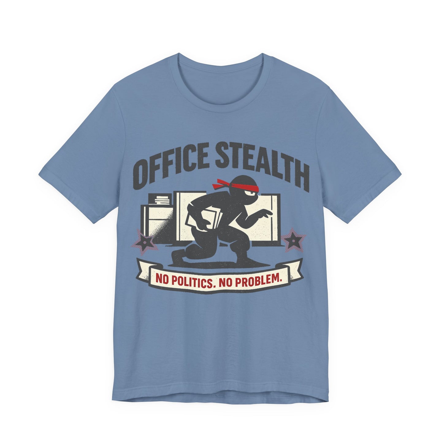 Steel Blue Bella+Canvas 3001 unisex tee with Office Stealth vintage faded ninja design, on hanger