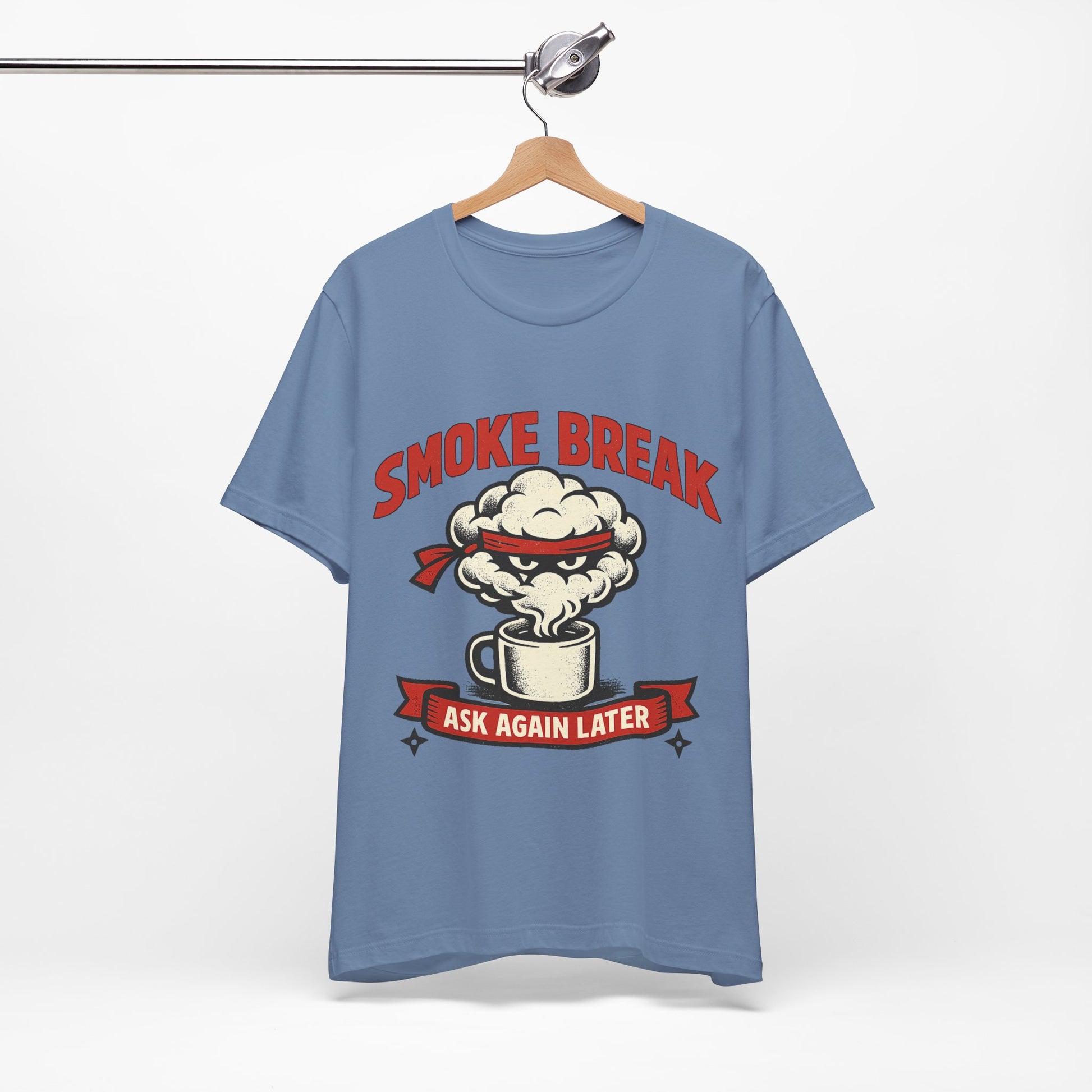 Team Purple Bella+Canvas 3001 unisex tee with Smoke Break Ask Again Later ninja coffee cup graphic, detail view