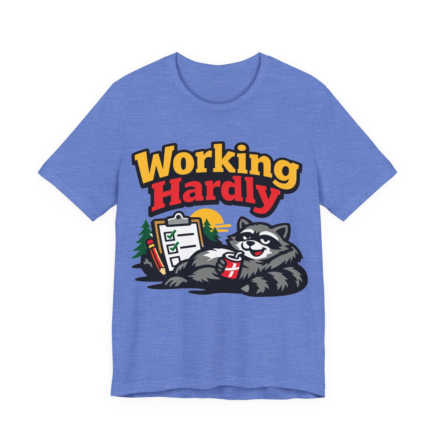 Navy Bella+Canvas 3001 unisex tee with Working Hardly raccoon graphic, flat lay