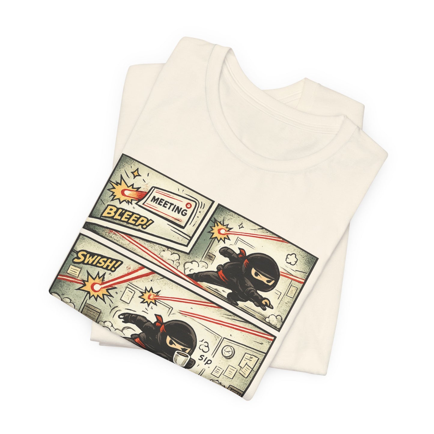 Natural Bella+Canvas 3001 unisex tee with Quiet Winning ninja comic strip graphic, on hanger