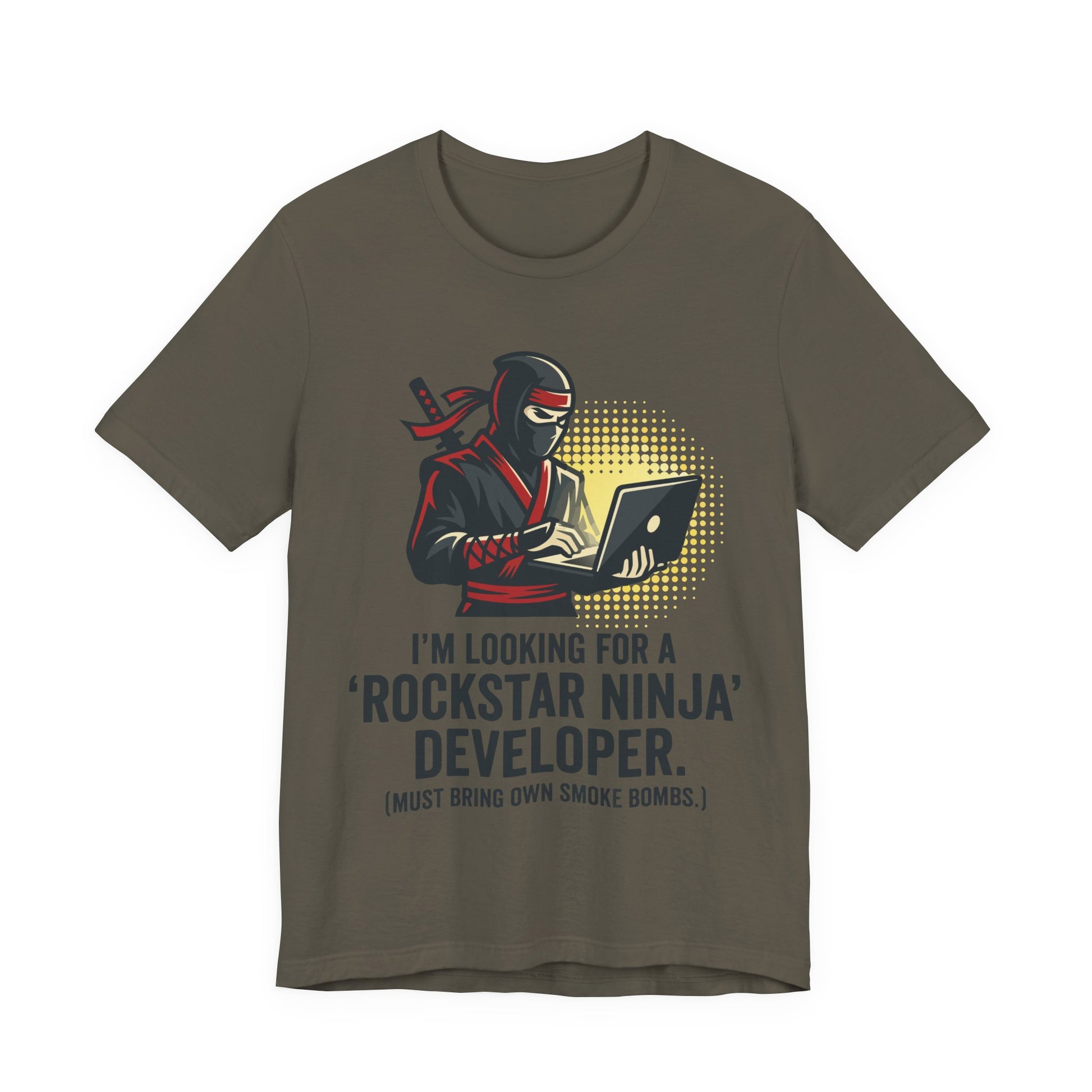 Army Bella+Canvas 3001 unisex tee with Rockstar Ninja Developer graphic and text design, on hanger