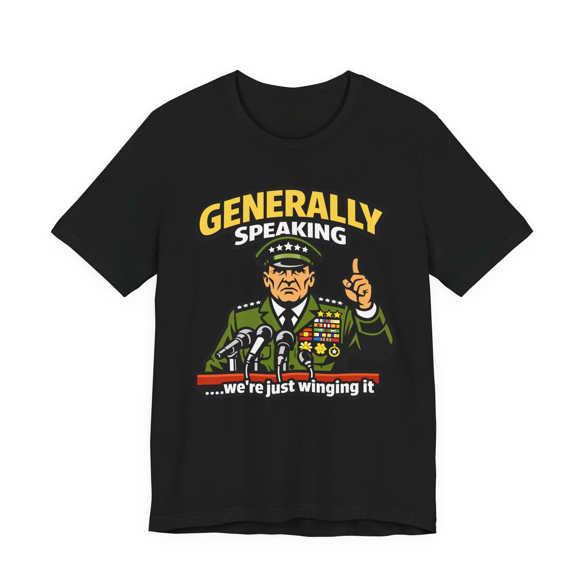 Black Bella+Canvas 3001 unisex tee with Generally Speaking We're Just Winging It graphic, flat lay