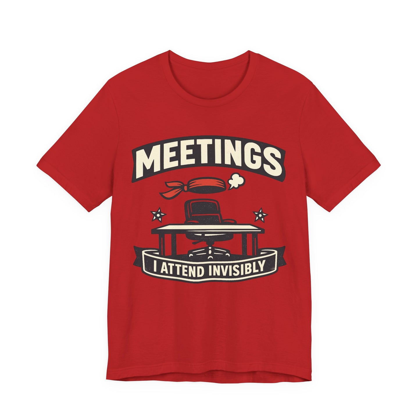 Red Bella+Canvas 3001 unisex tee with Meetings I Attend Invisibly ninja badge graphic, on hanger