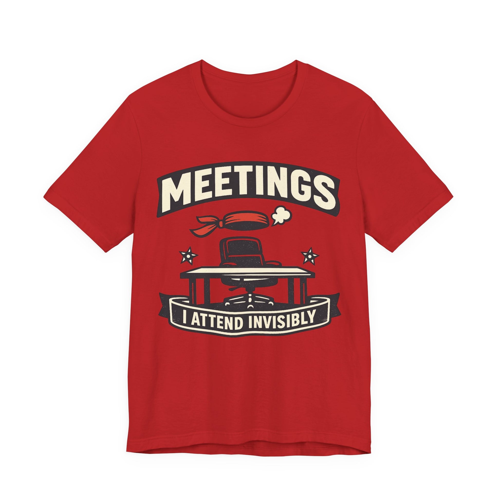 Red Bella+Canvas 3001 unisex tee with Meetings I Attend Invisibly ninja badge graphic, on hanger