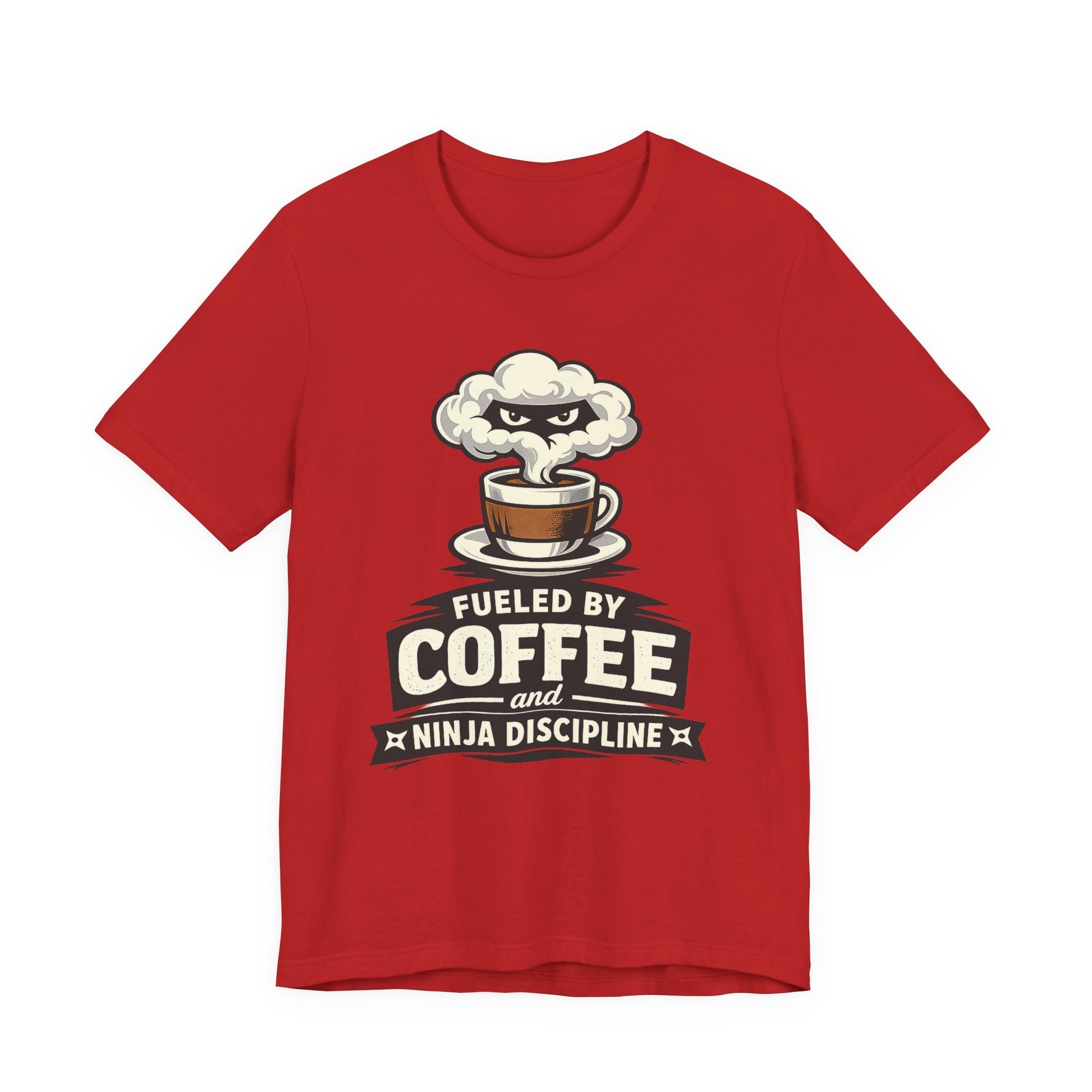 Red Bella+Canvas 3001 unisex tee with Fueled by Coffee and Ninja Discipline cup badge graphic, on hanger
