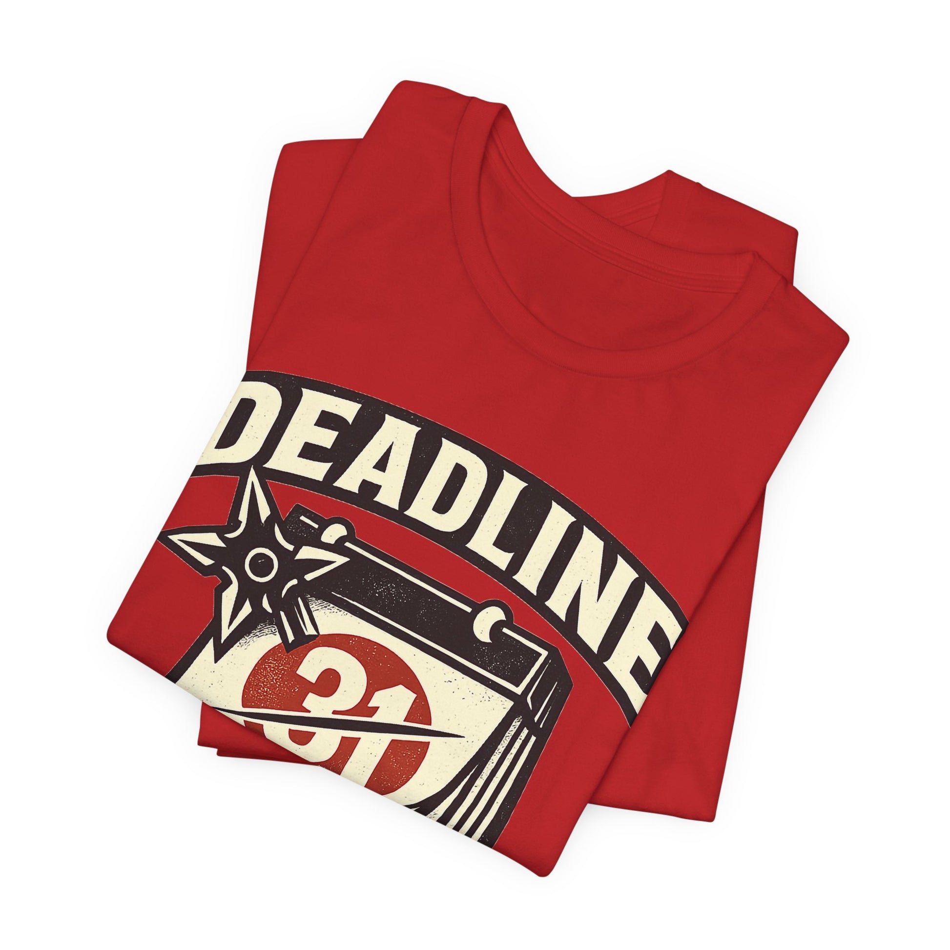 Asphalt Bella+Canvas 3001 unisex tee with Deadline Eliminated ninja badge graphic, folded