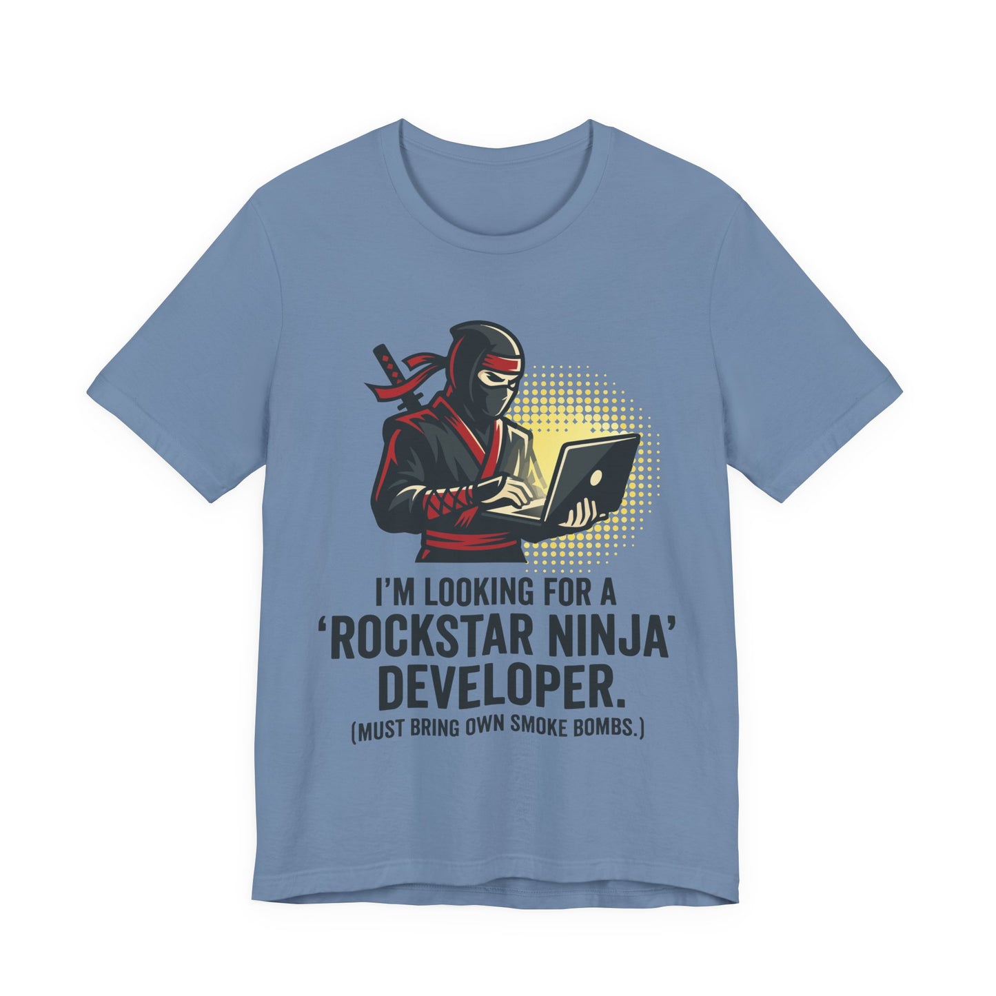 Steel Blue Bella+Canvas 3001 unisex tee with Rockstar Ninja Developer graphic and text design, on hanger