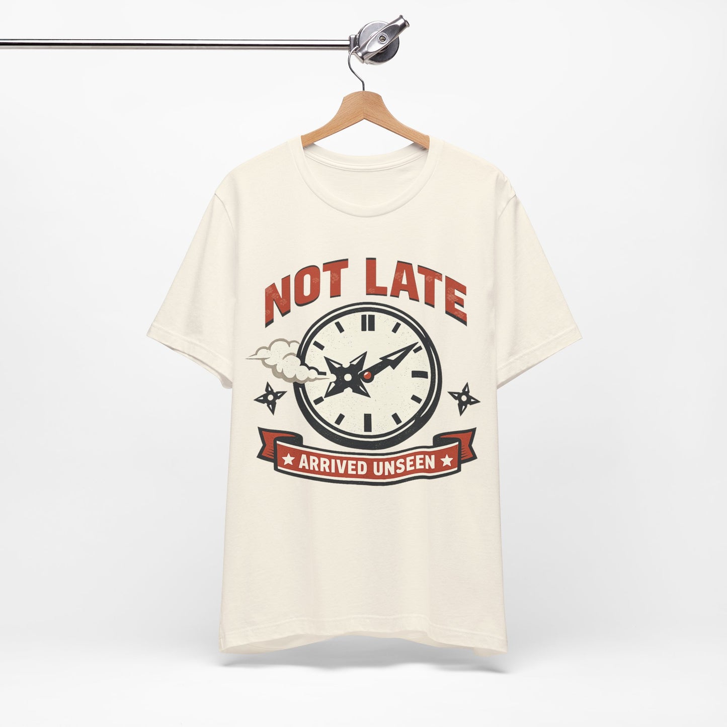 Red Bella+Canvas 3001 unisex tee with Not Late Arrived Unseen ninja clock design, flat lay