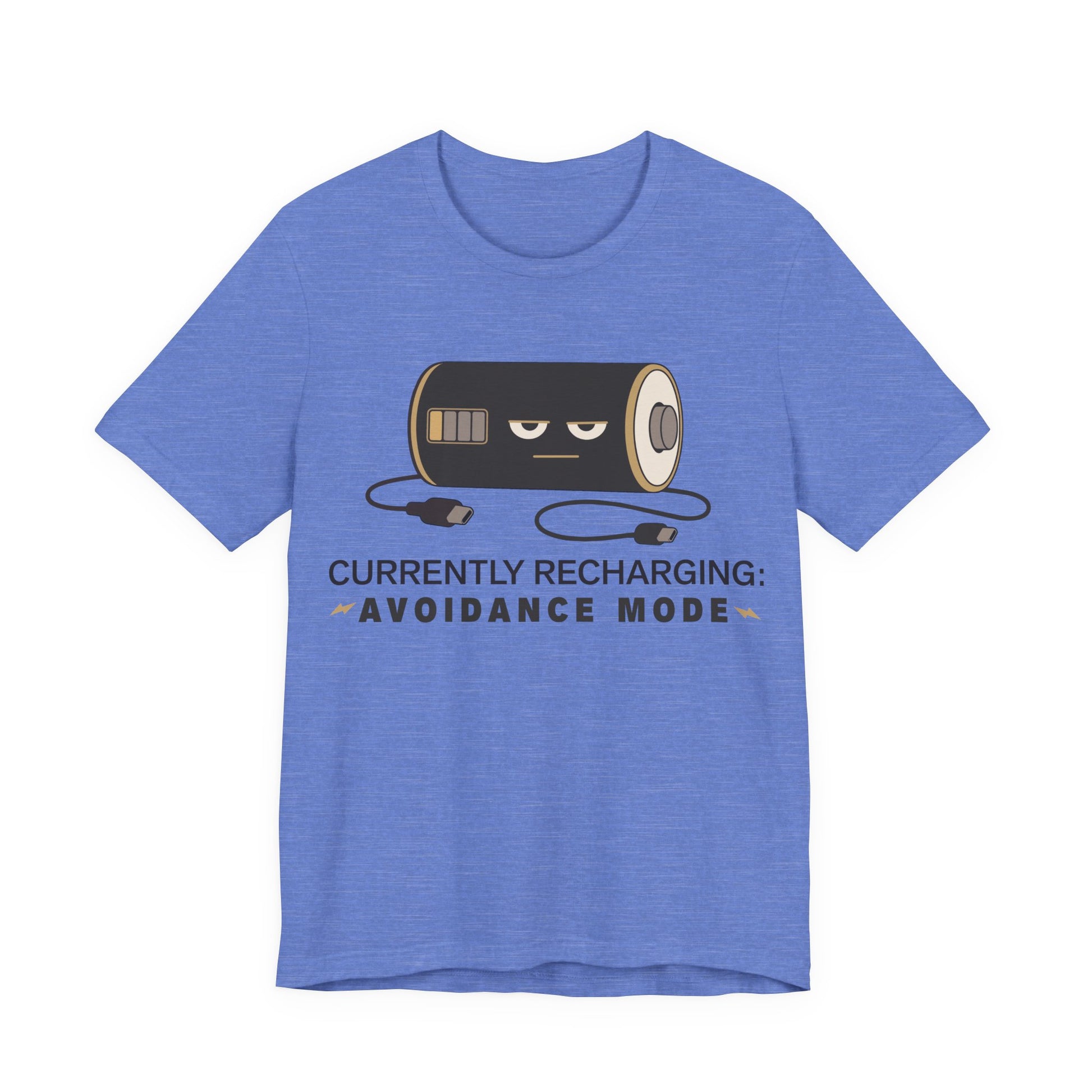 Heather Columbia Blue Bella+Canvas 3001 unisex tee with Currently Recharging Avoidance Mode graphic