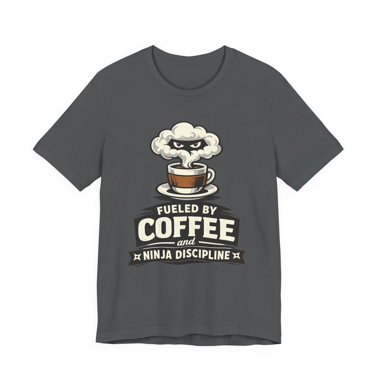Asphalt Bella+Canvas 3001 unisex tee with Fueled by Coffee and Ninja Discipline cup badge graphic, on hanger