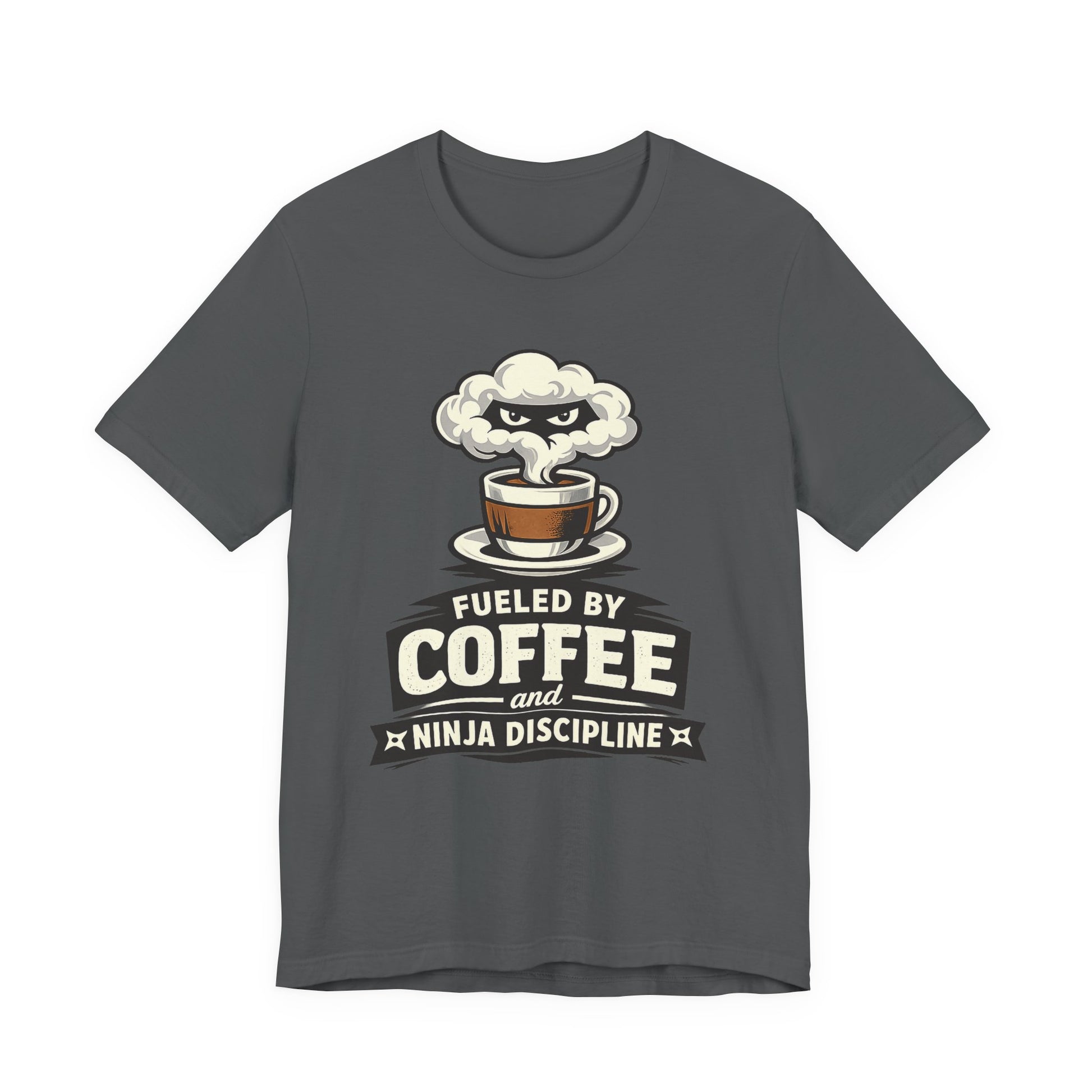 Asphalt Bella+Canvas 3001 unisex tee with Fueled by Coffee and Ninja Discipline cup badge graphic, on hanger