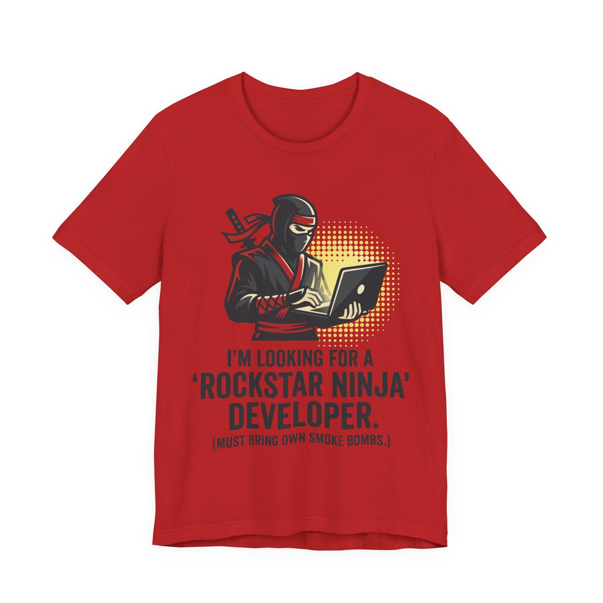 Red Bella+Canvas 3001 unisex tee with Rockstar Ninja Developer graphic and text design, on hanger