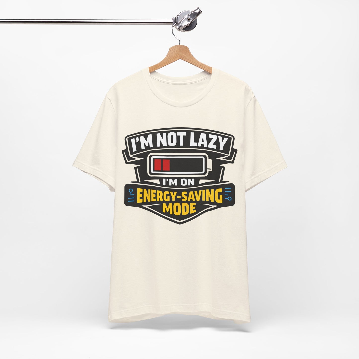 Navy Bella+Canvas 3001 unisex tee with I'm Not Lazy I'm on Energy-Saving Mode graphic, detail view