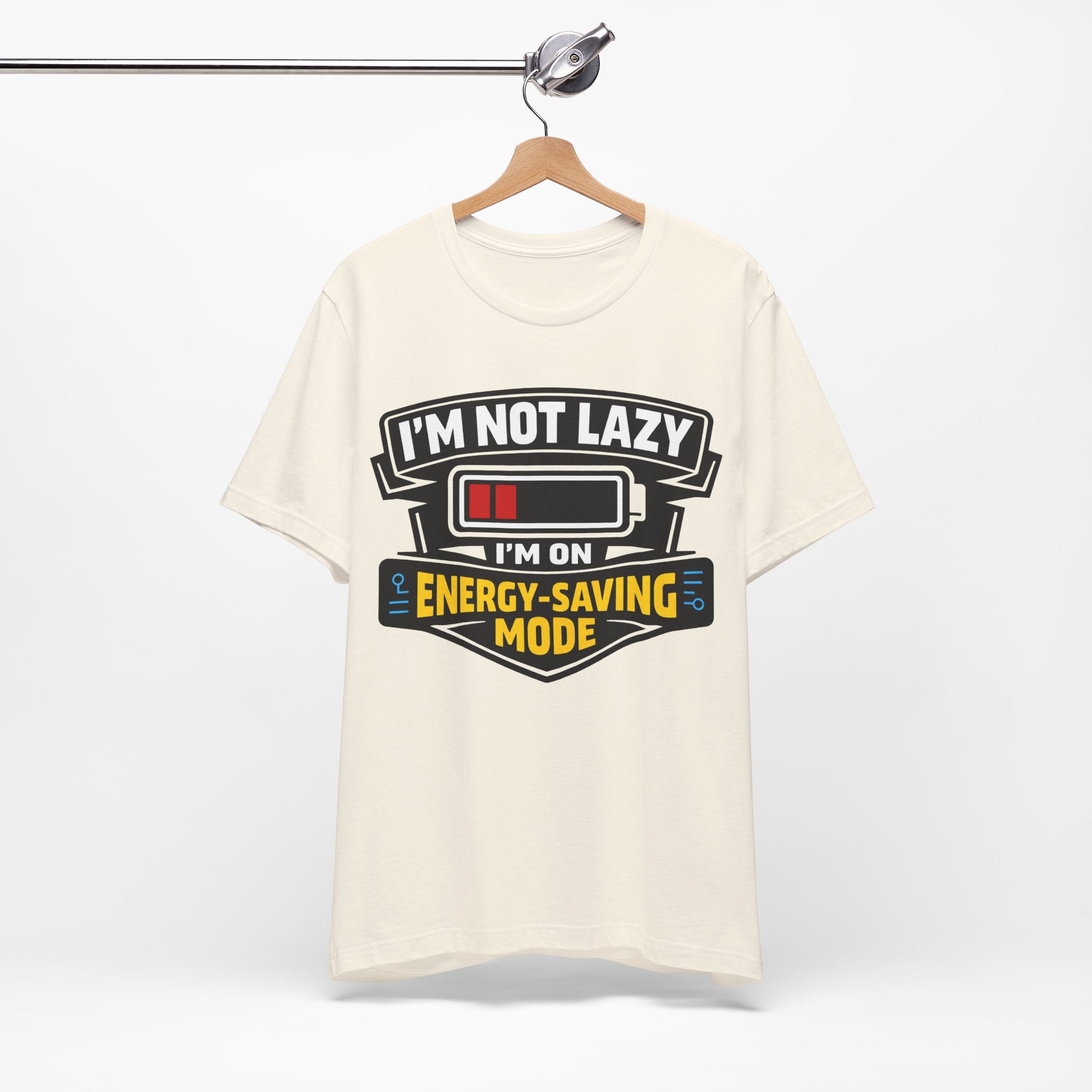 Navy Bella+Canvas 3001 unisex tee with I'm Not Lazy I'm on Energy-Saving Mode graphic, detail view
