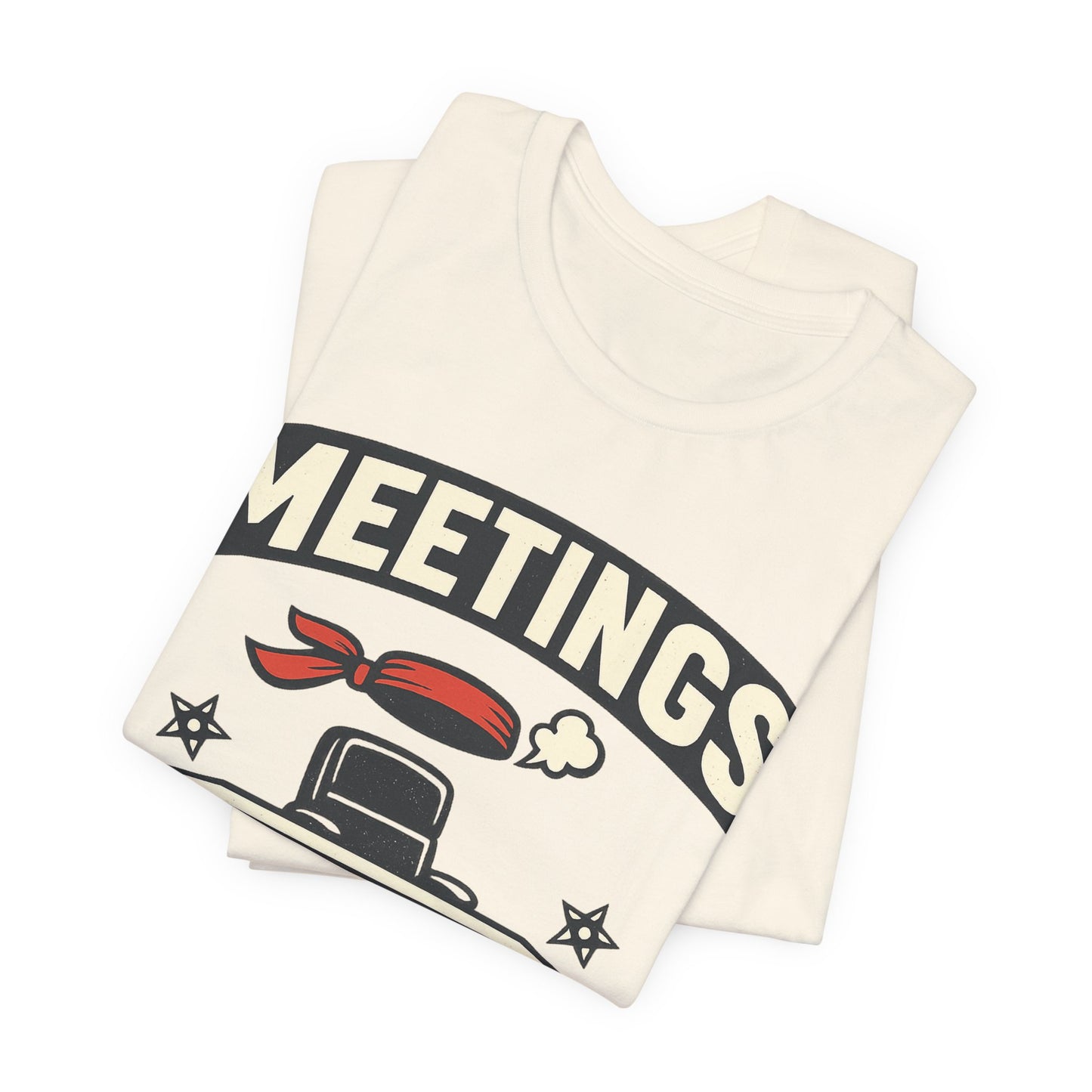 Natural Bella+Canvas 3001 unisex tee with Meetings I Attend Invisibly ninja badge graphic, flat lay