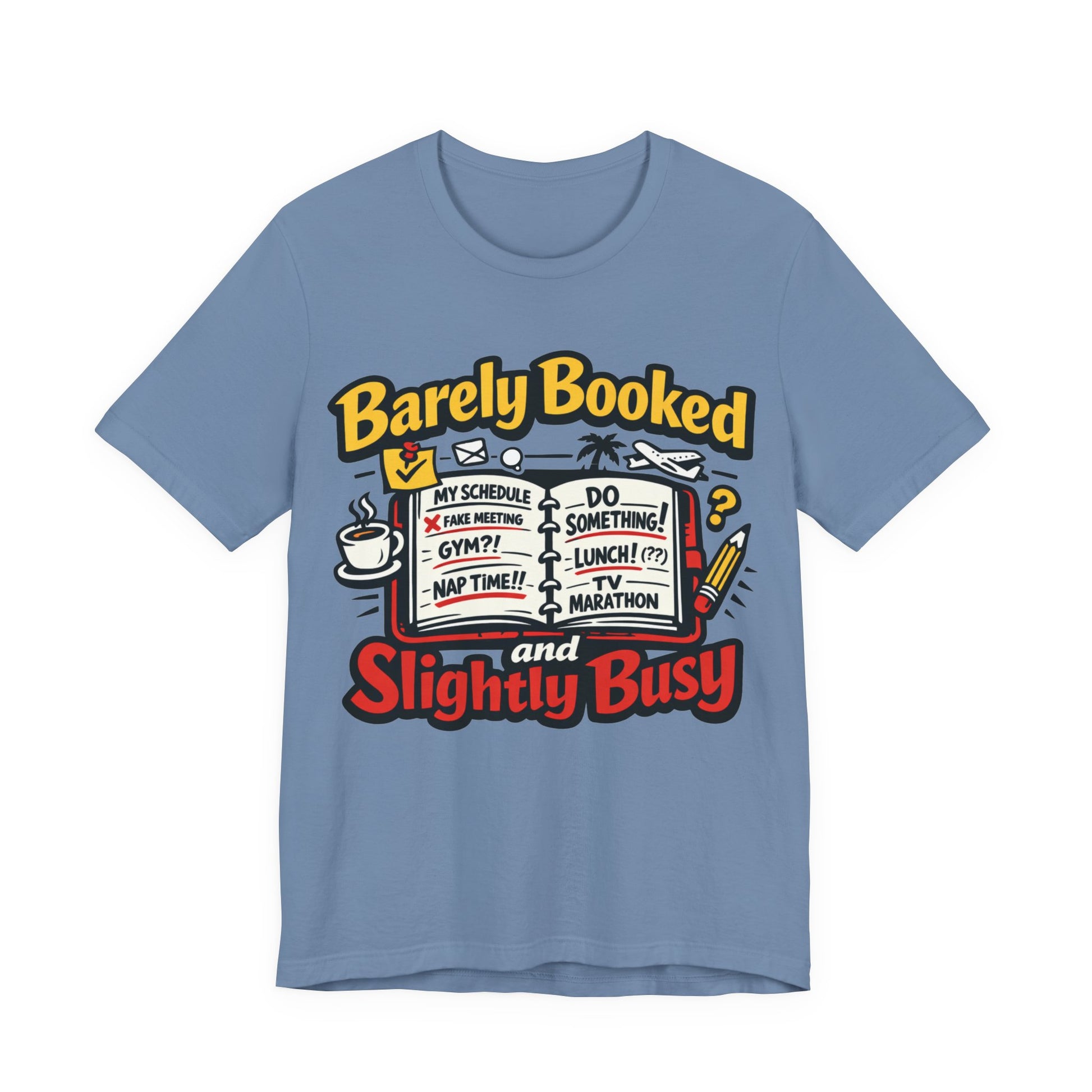 Asphalt Bella+Canvas 3001 unisex tee with Barely Booked and Slightly Busy graphic, on hanger