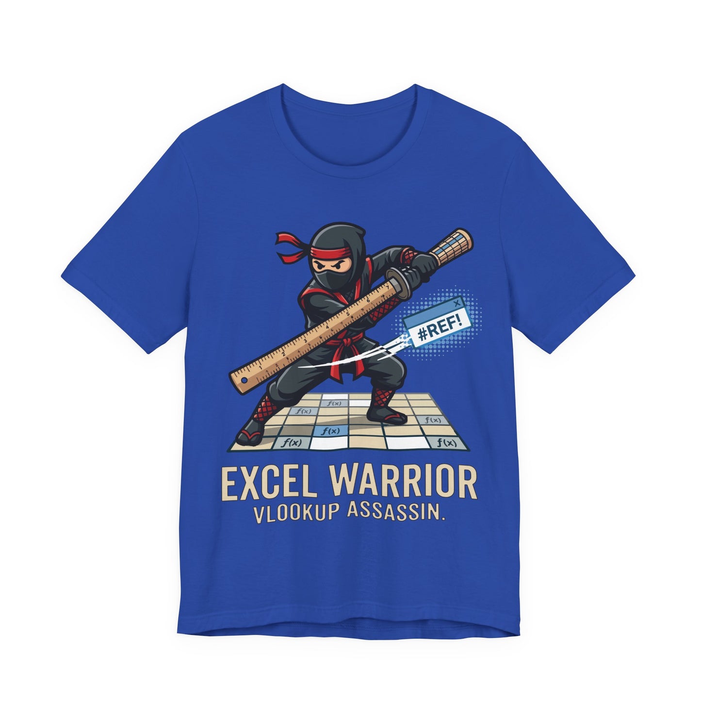 Natural Bella+Canvas 3001 unisex tee with Excel Warrior VLOOKUP Assassin ninja spreadsheet graphic, flat lay